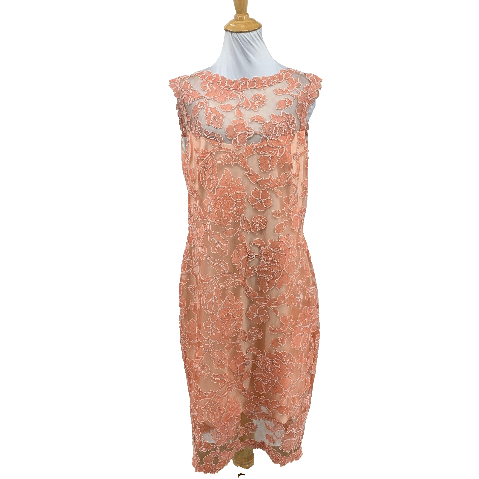 Tadashi Shoji Dress Womens 14 Salmon White Embroidered Peony Sheer Lace Midi